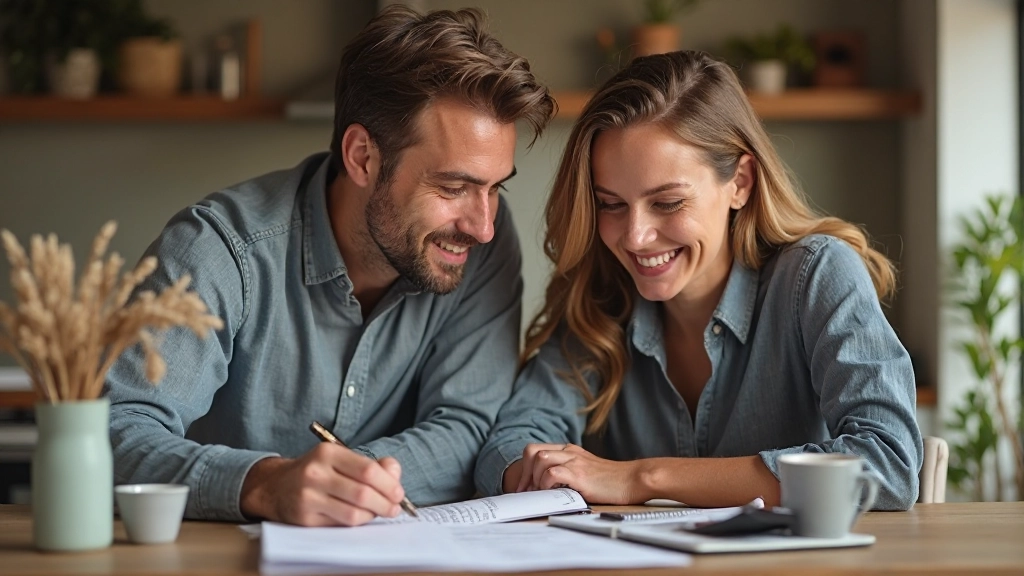 Casal adulto planejando metas financeiras juntos em ambiente doméstico aconchegante