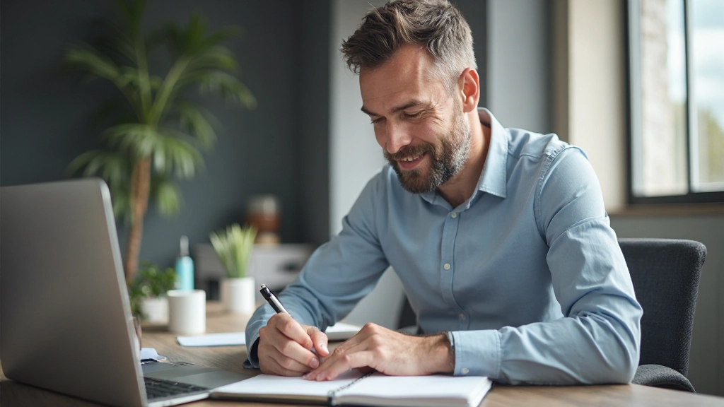 Profissional analisando metas financeiras anuais em seu planejador