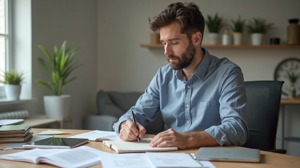 Diferentes ferramentas de orçamento dispostas em mesa de trabalho com notebook