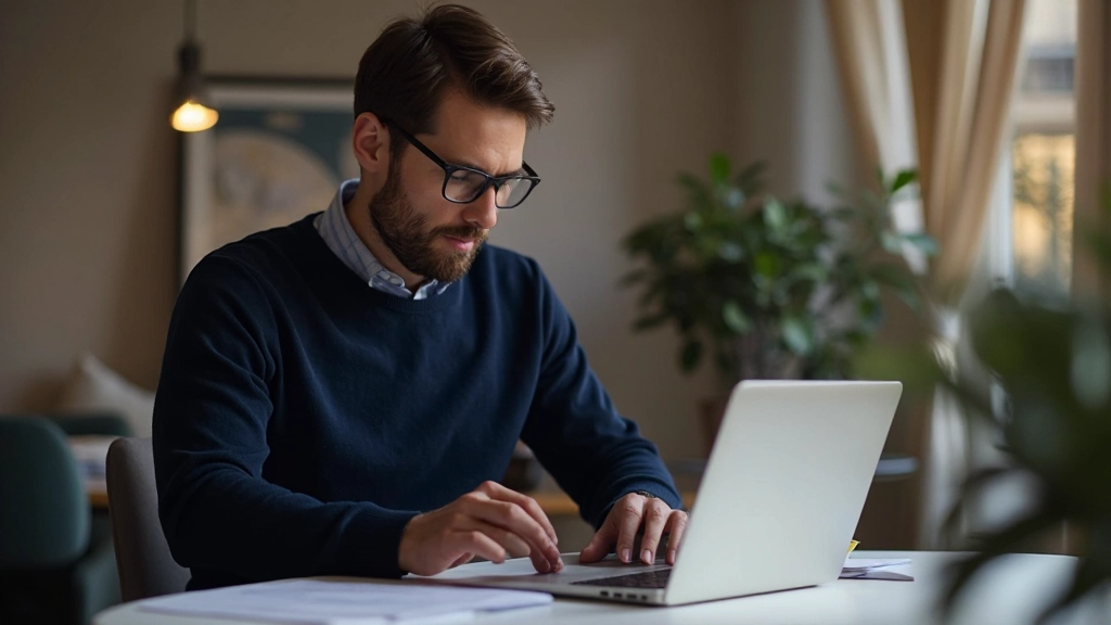 Profissional revisando documentos de crédito e histórico financeiro com laptop e gráficos