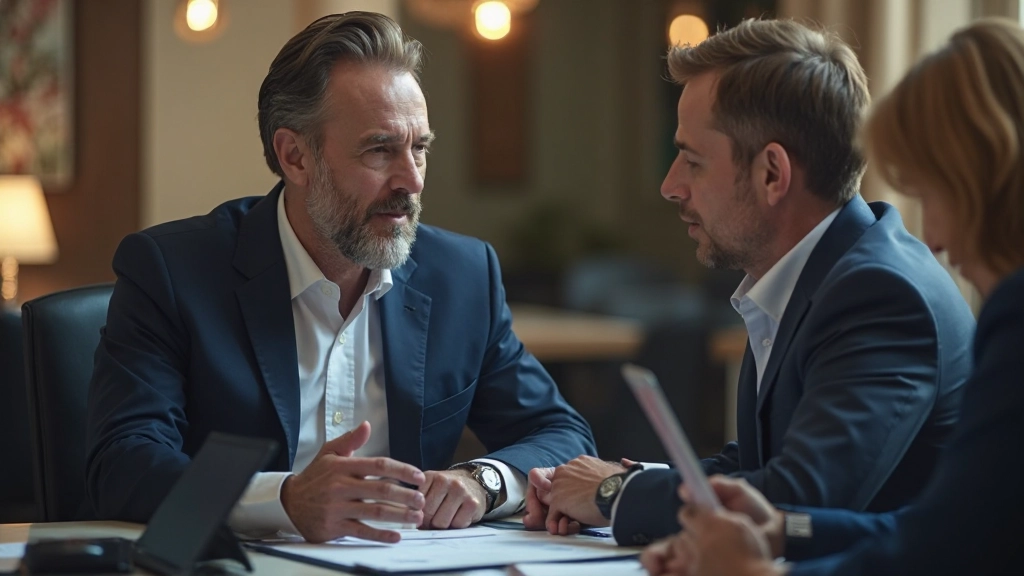 Consultor financeiro analisando gráficos de investimento com cliente em reunião