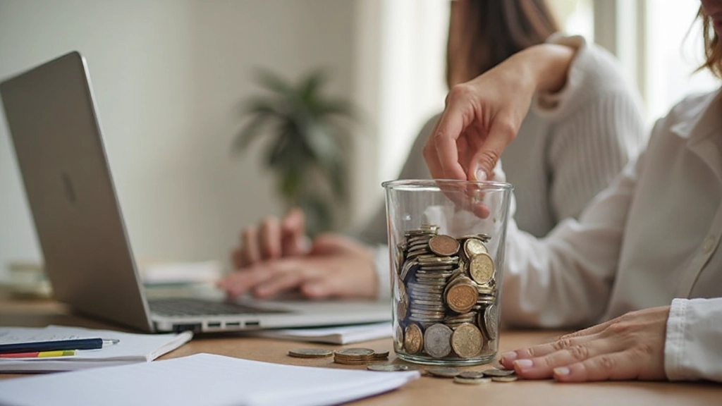 Pessoa economizando dinheiro com cofrinho e moedas em mesa