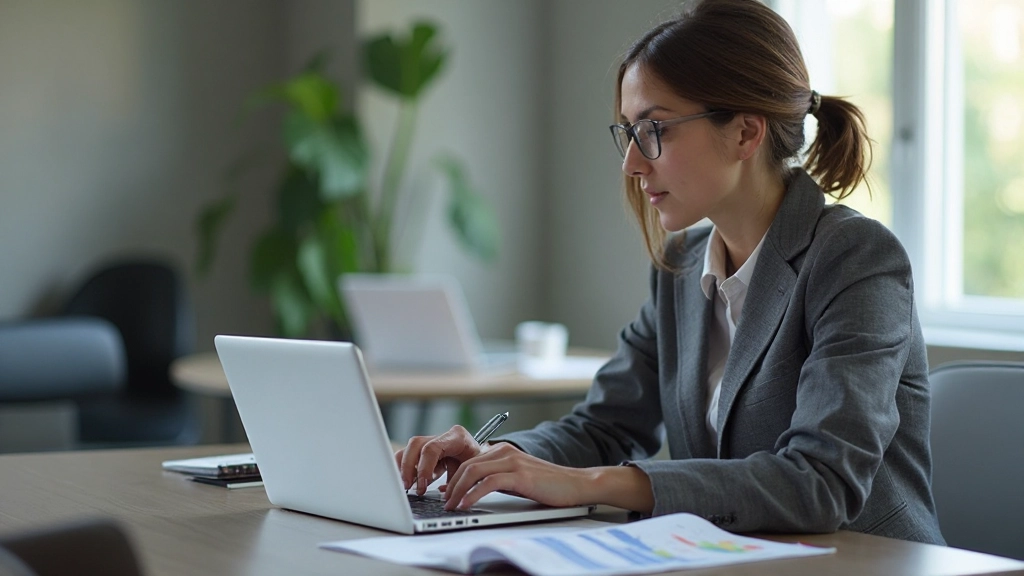 Profissional analisando dados financeiros em escritório moderno