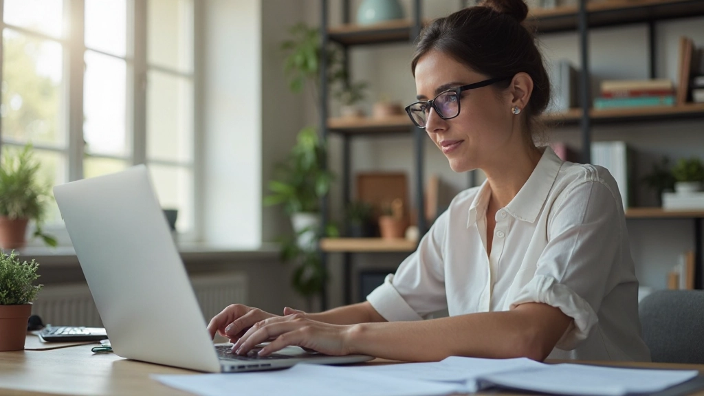 Pessoa revisando planilha de orçamento em laptop com documentos financeiros