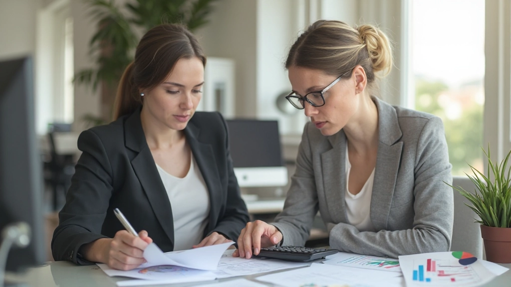 Pessoa analisando relatório financeiro com gráficos e calculadora numa mesa de trabalho moderna