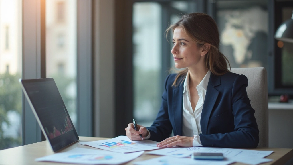 Profissional analisando gráficos de crescimento financeiro em escritório moderno